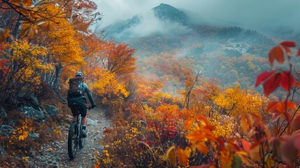 cyclist riding through a rugged mountain trail, with vibrant autumn foliage creating