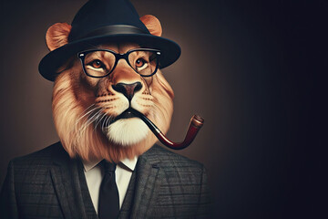 cartoon anthropomorphic lion wearing a hat and glasses is holding a pipe - obrazy, fototapety, plakaty