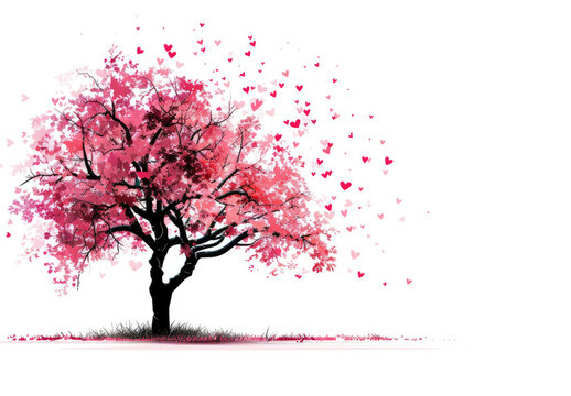 vector illustration of tree with heart shaped leaves on white background, flying red and pink hearts