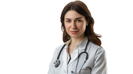 Fototapeta premium A female doctor in a white coat with a stethoscope around her neck. Isolate. Generative AI.