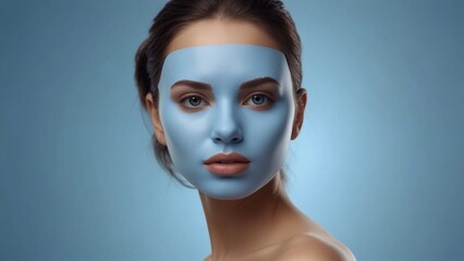 Close-up of a beautiful woman wearing a skin care mask for skin lifting and anti-aging detoxifying effect, isolated background. blue mask