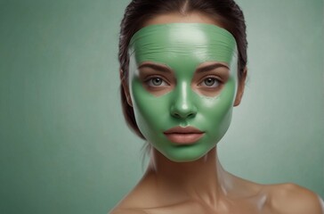 Close-up of a beautiful woman wearing a skin care mask for skin lifting and anti-aging detoxifying effect, isolated background. Green mask