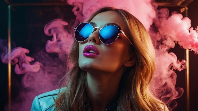 Young beautiful woman in glasses. Smoke and neon light background