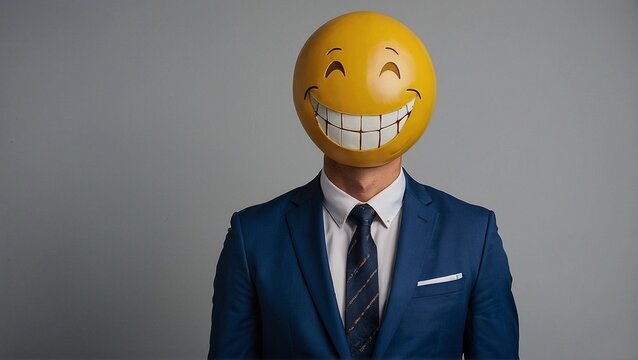 A man in a blue suit with a mask on his face. Positive. Smile. Humor