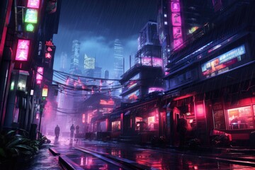 Fototapeta na wymiar A neon cyberpunk cityscape in the rain, Foggy street photorealistic neon lights rain meter skins, Ai generated