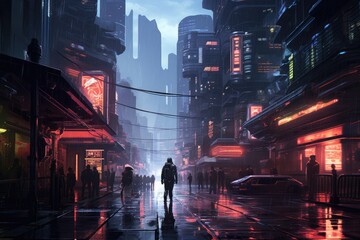 A neon cyberpunk cityscape in the rain, Foggy street photorealistic neon lights rain meter skins, Ai generated