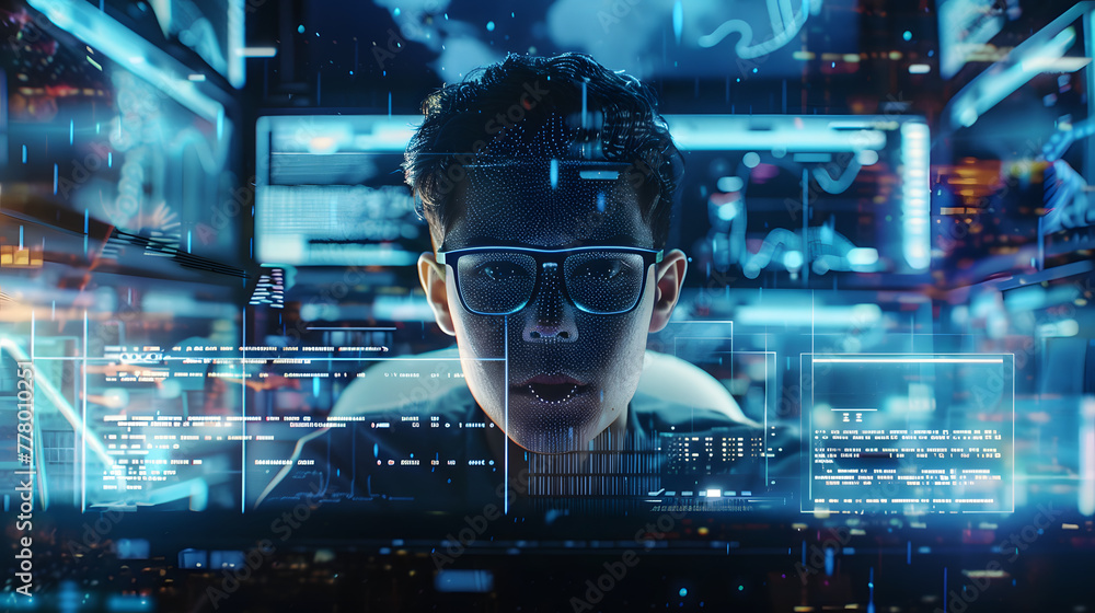 Poster a business man is in front of a computer