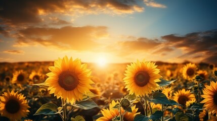 Fototapeta premium Field of sunflowers with the sun setting in the background