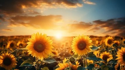 Foto auf Acrylglas Field of sunflowers with the sun setting in the background © Ihor
