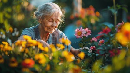 Elderly Woman Standing by Flowers - obrazy, fototapety, plakaty