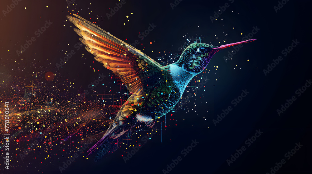 Poster a colorful hummingbird made of particles against a dark background. the hummingbird is in the style 