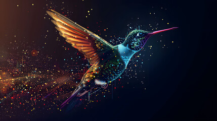 A colorful hummingbird made of particles against a dark background. The hummingbird is in the style of unknown artist - obrazy, fototapety, plakaty