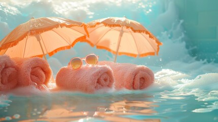 Sunlit pool scene with fluffy towels, retro sunglasses, and a duo of peach parasols gently floating...