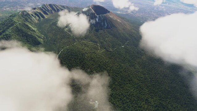 Aerial view over the clouds of Mount Vesuvius in Naples. Italy