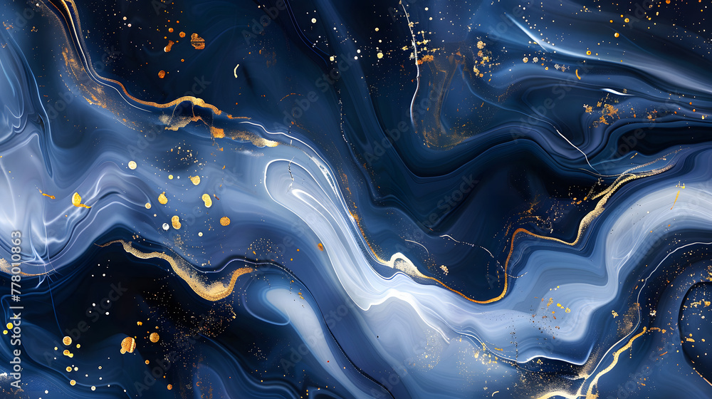 Poster a digital art piece featuring an abstract background with swirling patterns of deep blue and white