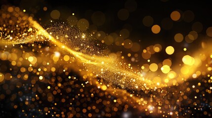 Gold glitter particles, light bokeh wave and golden shimmering sparkles overlay effect. Gold shimmer glow glittering sparkles shine, abstract magic snow bright light blur wave