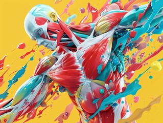Colorful abstract 3D illustration of human anatomy with splashes representing movement and vitality. - obrazy, fototapety, plakaty