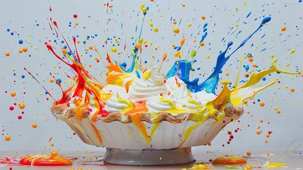 Fotobehang A dynamic explosion of confectionery colors bursts above a delicious pie, symbolizing joy and the sweetest moments in life. © pprothien