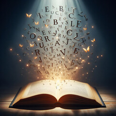 Open book with many letters flying in the light - obrazy, fototapety, plakaty