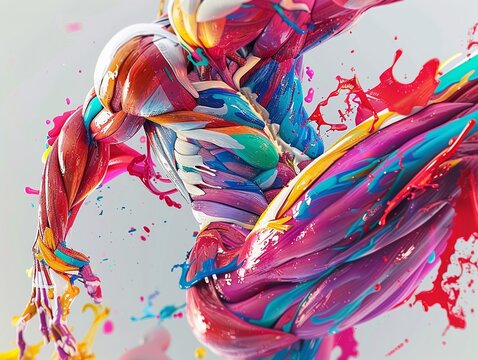 Vivid paint splashes create an abstract representation of muscular anatomy, blending the worlds of art and science.