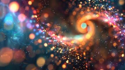 Magical multicolored sparkles of light form abstract simple spiral structure. Multi-colored glow particles float in viscous liquid as fantastic 3d background. 3d render - obrazy, fototapety, plakaty