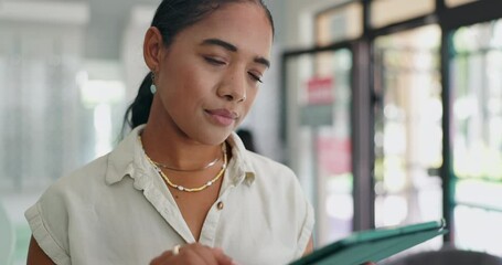 Optometry, thinking and woman with tablet, typing and connection with inventory update and stock. Person, employee and consultant with technology and internet with digital app, store and healthcare