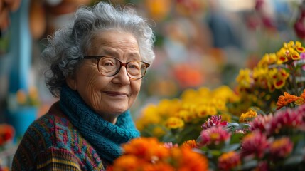 Older Woman Standing Among Yellow Flowers