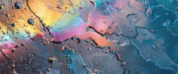 Oil stains from leaks in the car engine. Oil after rain makes spots with rainbow reflections refractive sun spectrum. Beautiful color mosaic, abstraction, ecology - obrazy, fototapety, plakaty