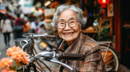 Fototapeta na wymiar A woman with glasses and gray hair is sitting on a bicycle