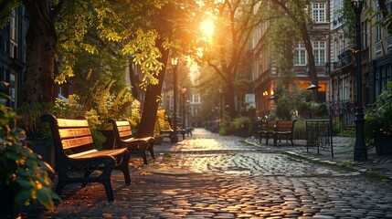 Sunset Glow on a Serene Park Alley with Benches