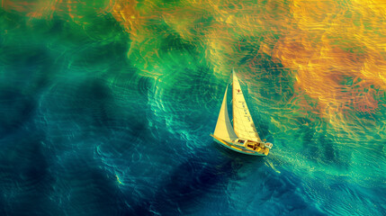 minimalism and surreal illustration, aerial view, top view, thin sailboat floating on the lake - obrazy, fototapety, plakaty