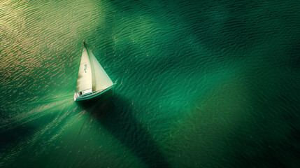 minimalism and surreal illustration, aerial view, top view, thin sailboat floating on the lake