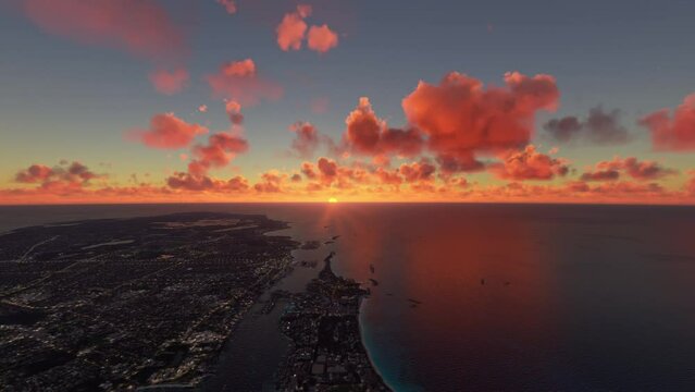Sunset aerial view of Atlantis Paradise Island harbor in the Caribbean. The Bahamas