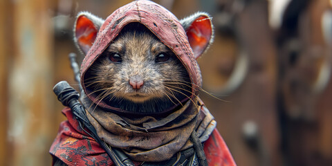 Close-up of an anthropomorphic ninja mouse 