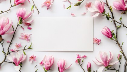 Mockup of greeting card or invitation. White paper, fresh pink magnolia flowers on a white...