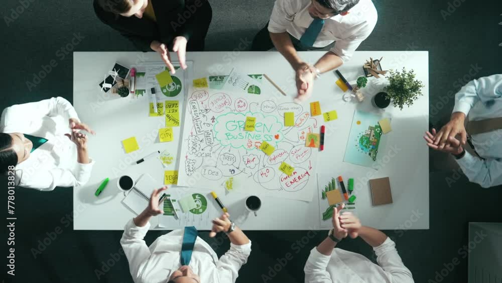 Poster top view of business team working together to brainstorm environmental idea by using mind map. aeria