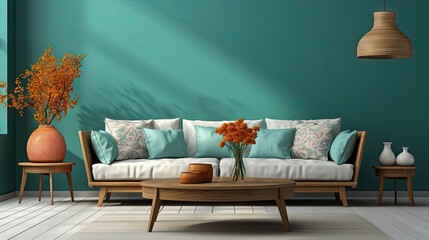 A living room with a blue wall and a white couch. A vase with flowers on the coffee table