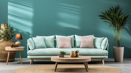 A living room with a blue wall and a green couch. The couch is covered in pillows and has a lamp on it. There is a potted plant on the right side of the couch. The room has a cozy