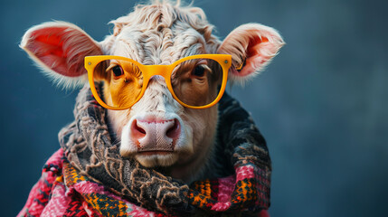 Trendy Cow in Scarf and Glasses with Contemporary Urban Style