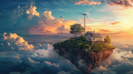 There is an island in a beautiful sky which looks very beautiful, a windmill is running on it, and renewable energy and solar panels are being produced there, .sky island, a fantasy sky-flying island, - obrazy, fototapety, plakaty