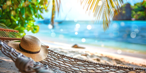 Hammock with a straw hat on the beach