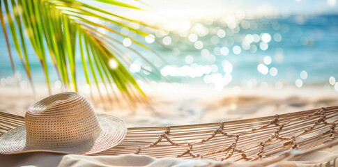 Hammock with a straw hat on the beach - 778014035