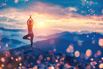 Woman practices yoga on background of mountains and sunrise - 778014098