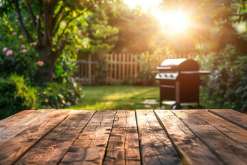BBQ grill in the yard background with empty wooden table - 778014257