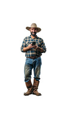 Happy male farmer using mobile phone