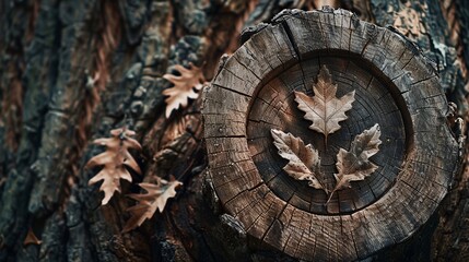 Wooden Carved Leaves on Tree Trunk.