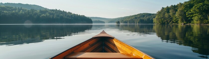 A rowboat gliding across a calm lake, each paddle stroke revealing more of the unseen website shore , advertise photo