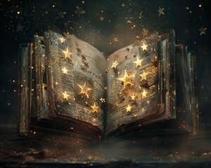 A series of enchanted books, each open to a page with a different number of glowing stars above it, indicating reviews , no grunge, splash, dust