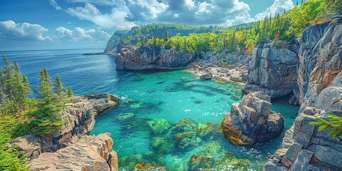 Back to Canadian Nature: Rocky Shore on the Ocean Coast. Generative Ai - obrazy, fototapety, plakaty