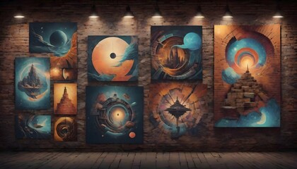Surrealism Art Displayed on Brick Wall, Vibrant Abstract Imagery in a Mystical Display, Generative AI